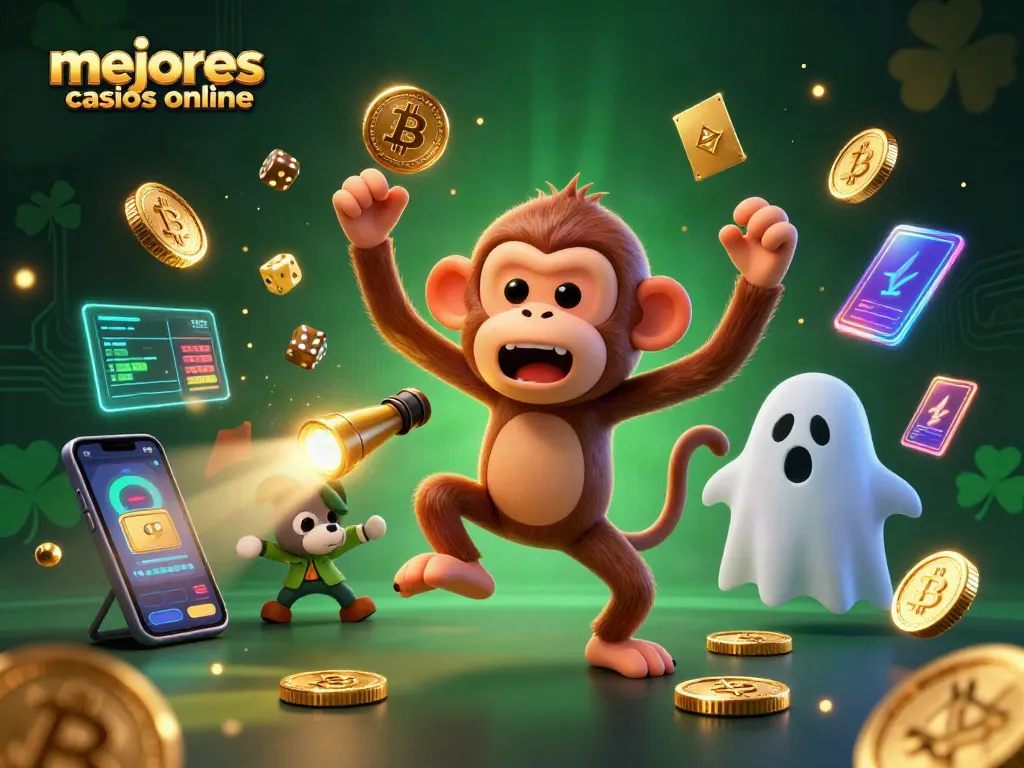 Disfruta de los mejores casinos online mientras el monkey fantasma juega con monedas doradas y un cachorro curioso observa.