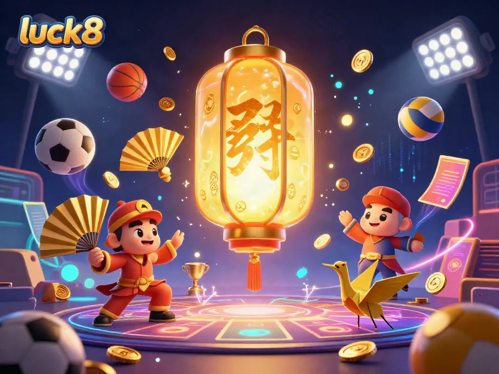 Experience the vibrant atmosphere of luck8 with a magical golden lantern spirit amidst flying sports elements.