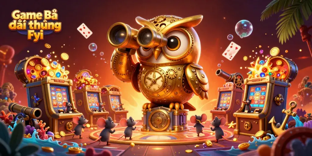 Experience the excitement of Game Bài Đổi Thưởng Fyi with a vibrant casino scene featuring a golden owl, treasure, and animated mice.