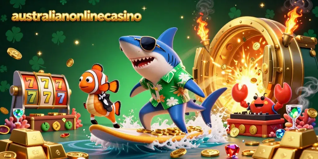 Experience exciting wins at australianonlinecasino with engaging slot reels, gold coins, and vibrant ocean characters.
