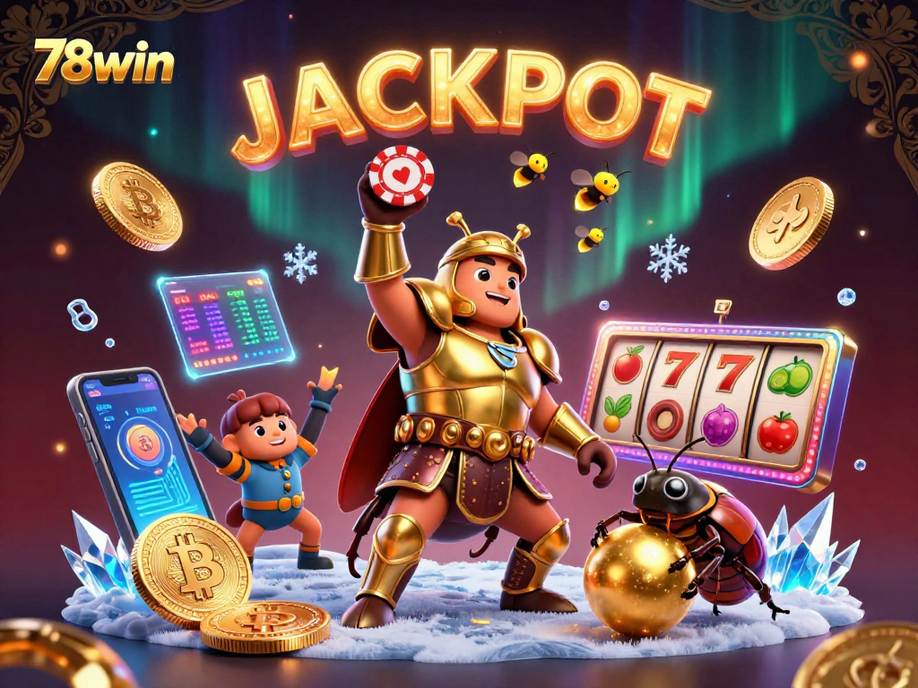 Experience the thrill of 78win's jackpot with our vibrant 3D gaming illustration showcasing exciting casino elements.