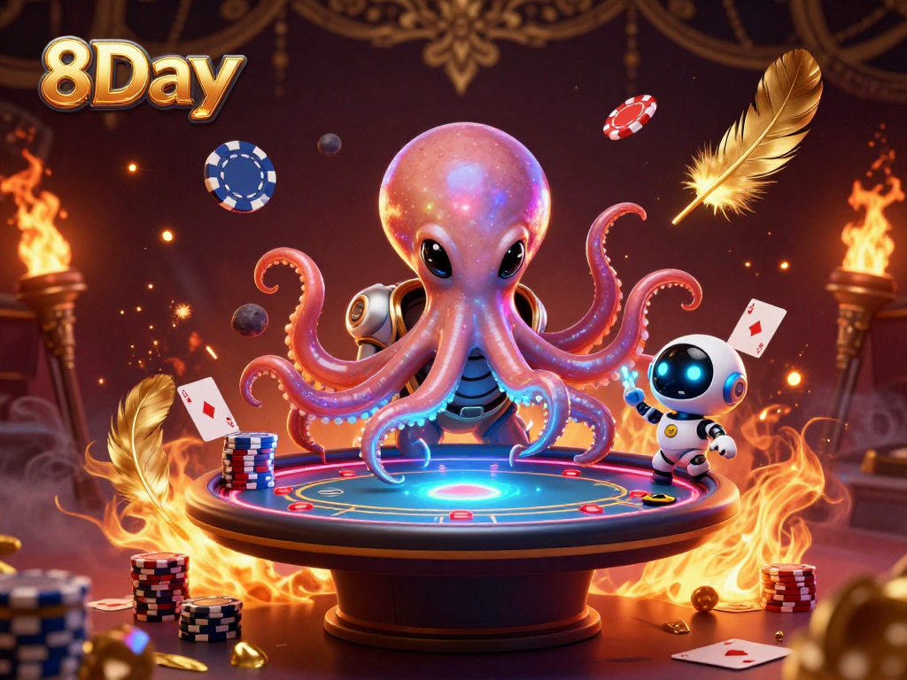 Engage in thrilling poker with 8Day's interactive alien octopus and robot in a vibrant casino