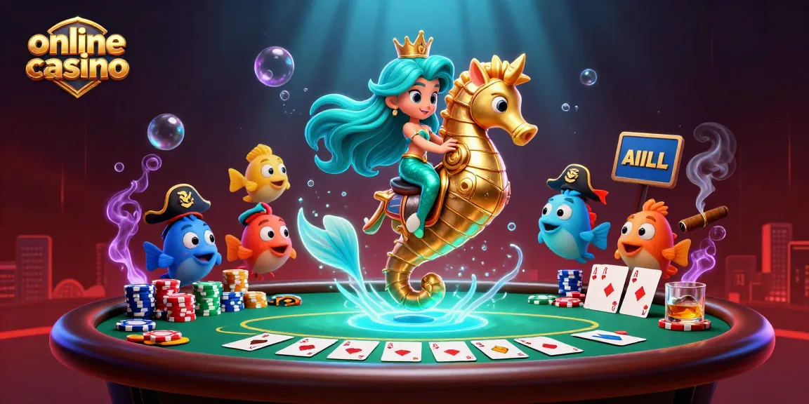 Engage in the thrilling online casino experience with vibrant mermaids and poker elements in each detail.