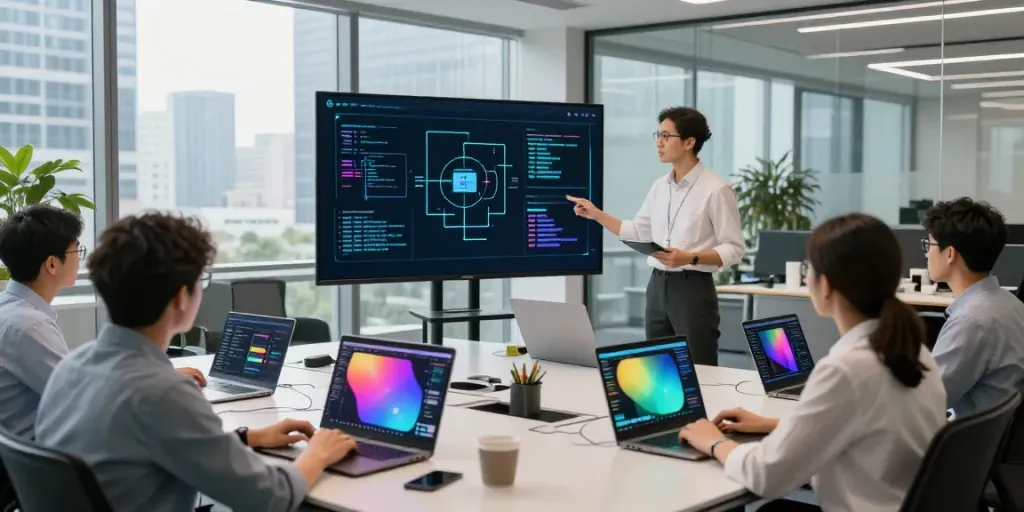 Enterprise AI development team collaborating in a modern workspace