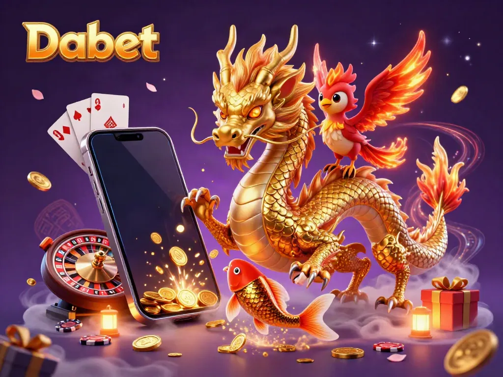 Dabet showcases a vibrant 3D illustration, featuring a golden dragon, red phoenix, and koi fish amidst a lively casino backdrop.