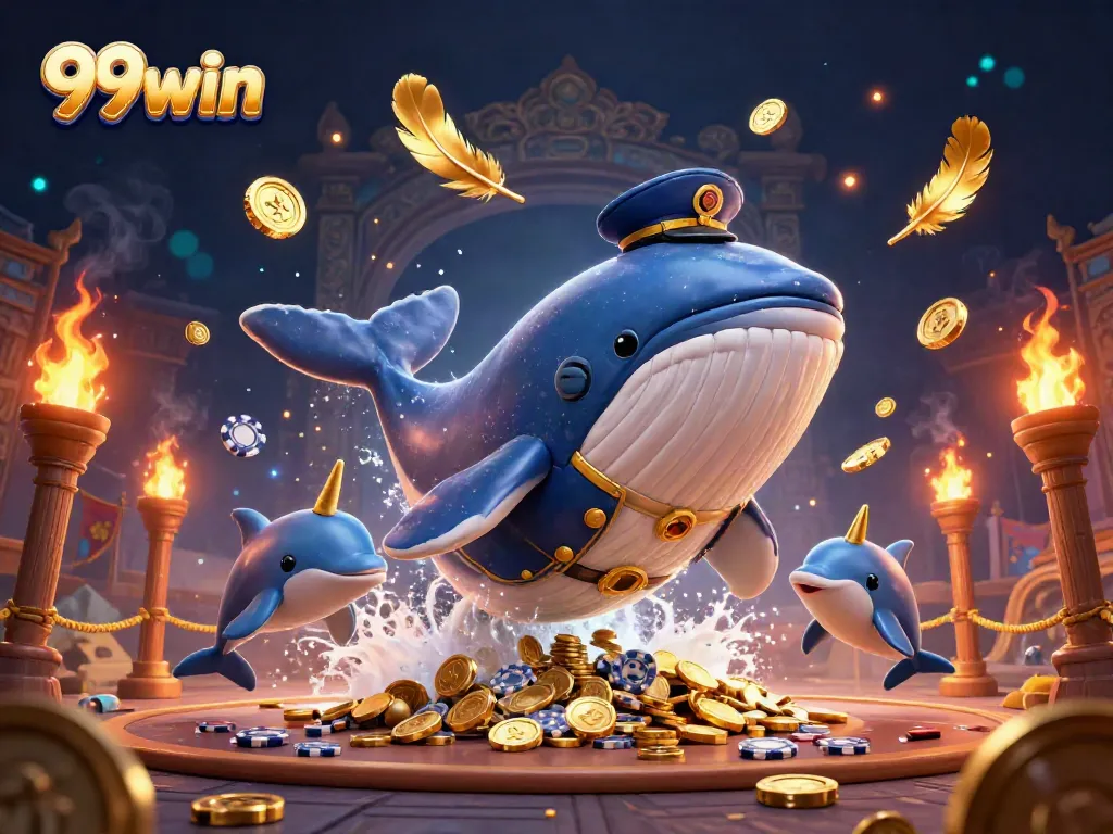 Engage with 99win as a playful whale, a golden narwhal, and dolphins in a dazzling casino scene.