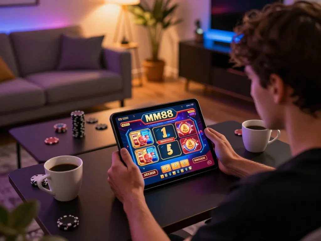 MM88 player engaged in online casino gaming showcasing interactive poker features on tablet