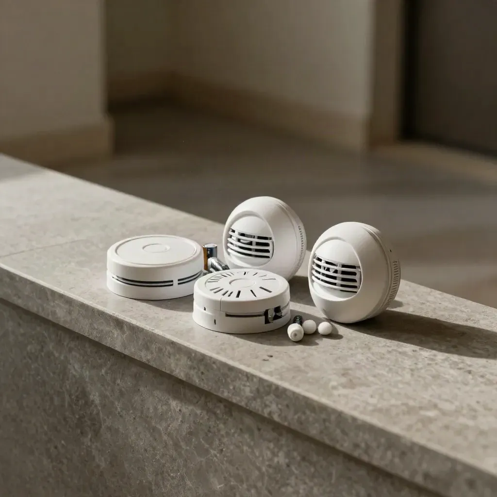 Three white smoke alarms, rings and batteries on a limestone ledge in a moody hallway.