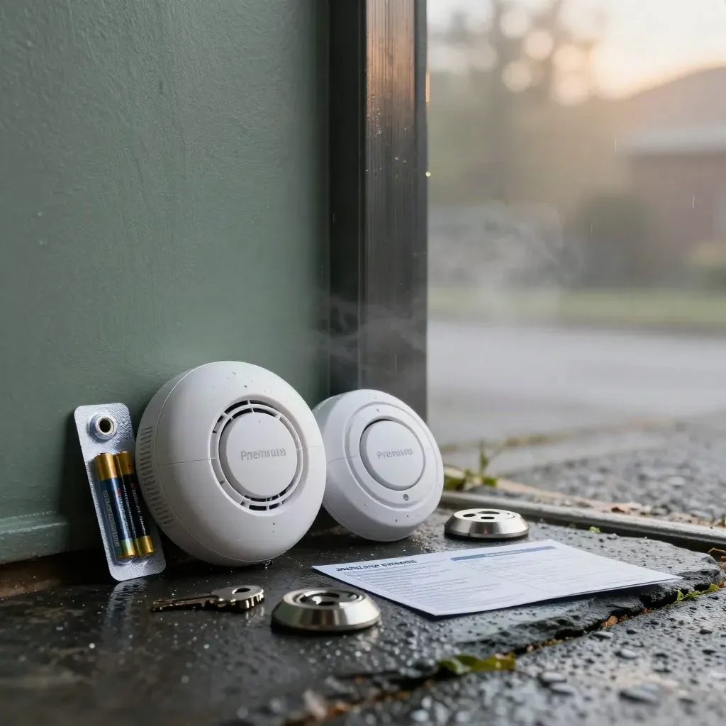 Rain-dark smoke alarm kit on slate with batteries and mounts, lit dramatically.
