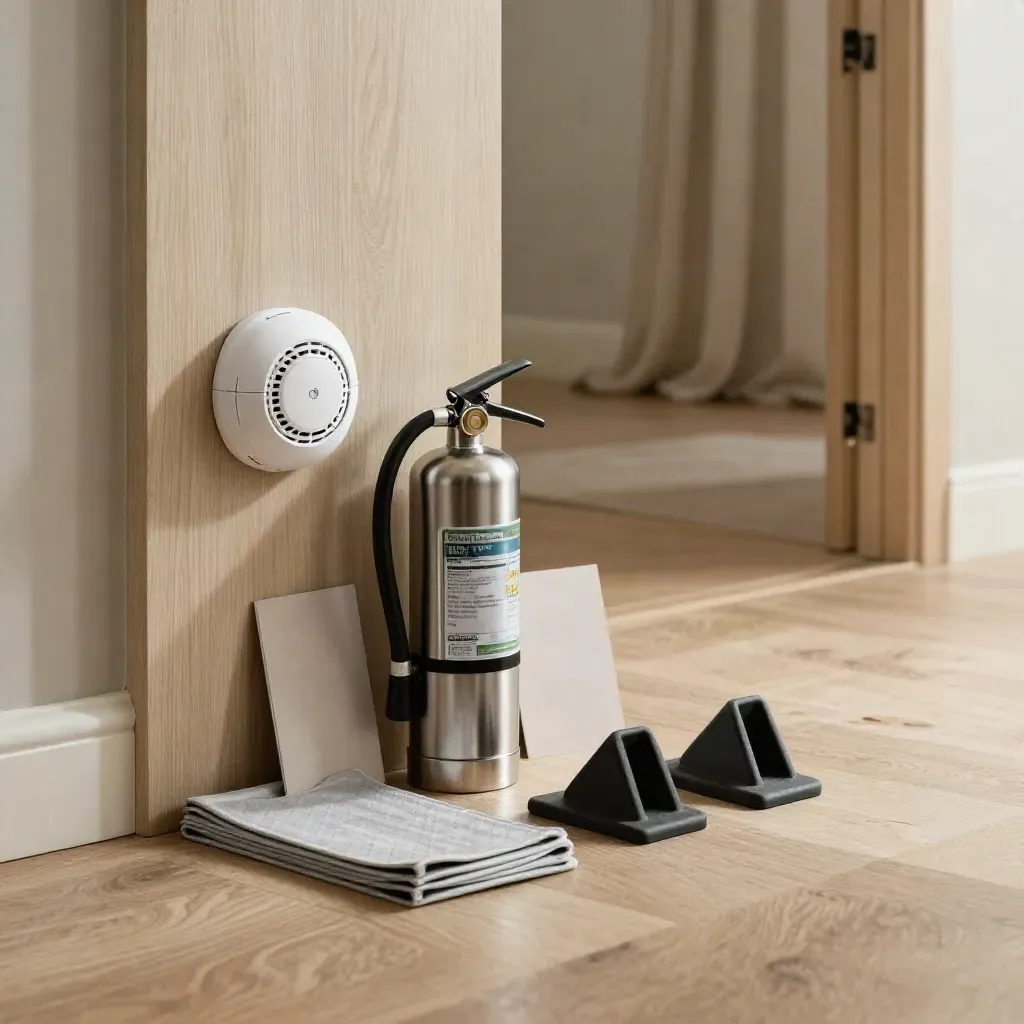 Fire safety kit on a pale oak hallway floor with alarm, extinguisher, wedges and inspection pad.