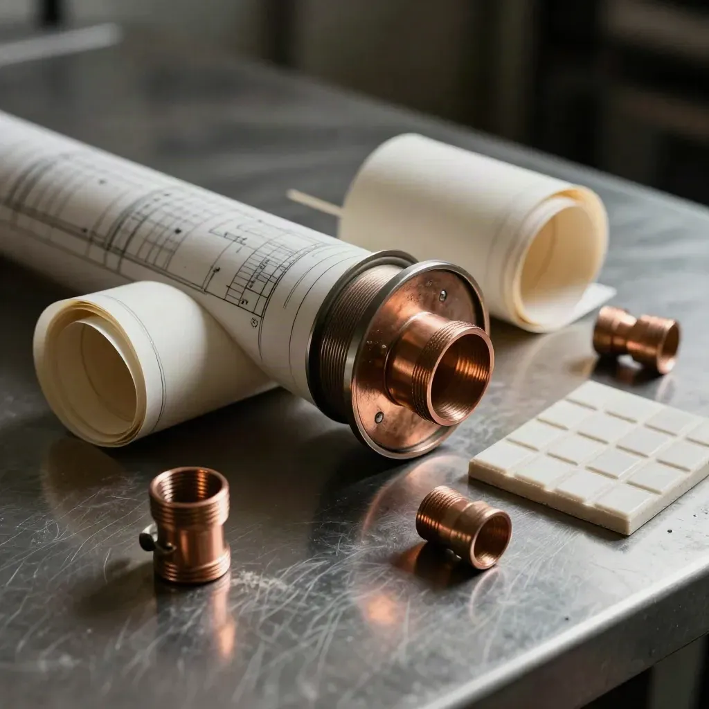 Macro sprinkler plan kit on steel, with rolled drawings, copper couplings, and a tile sample