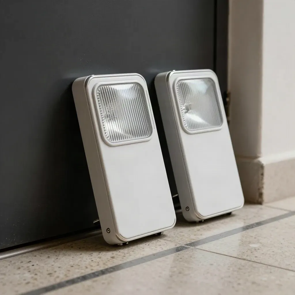 Two exit light units leaning by a dark doorway on travertine in a hazy corridor.