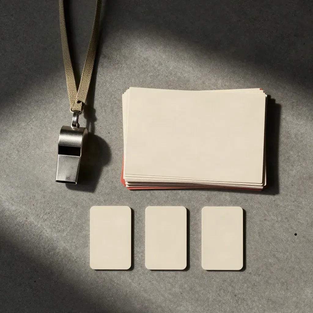 Overhead evacuation drill kit with whistle, role cards, and blank floor-plan tokens on concrete.