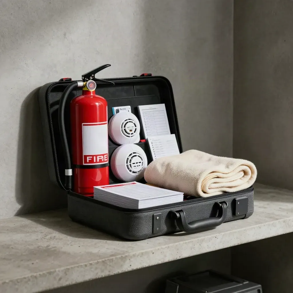 Open fire safety bundle with alarms, extinguisher, blanket, batteries and checklist on a concrete shelf.