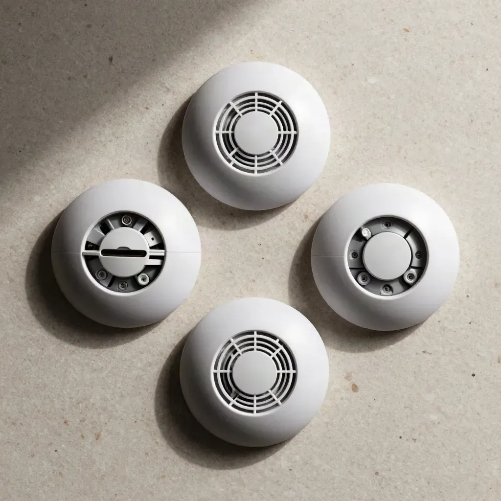 Three unbranded smoke alarms with rings and spare batteries arranged on pale travertine.