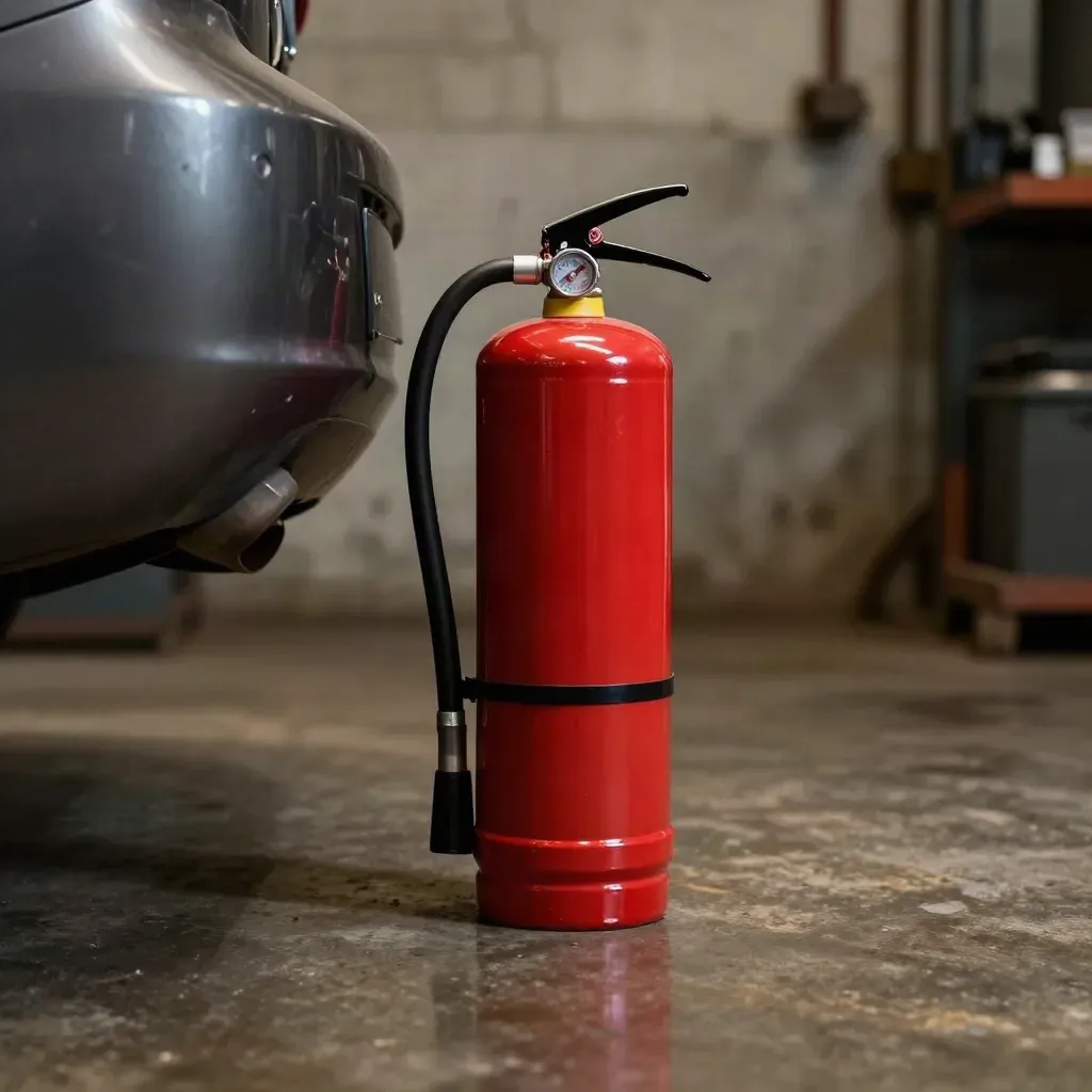 Red fire extinguisher beside a car boot in a dim workshop, low hero angle.