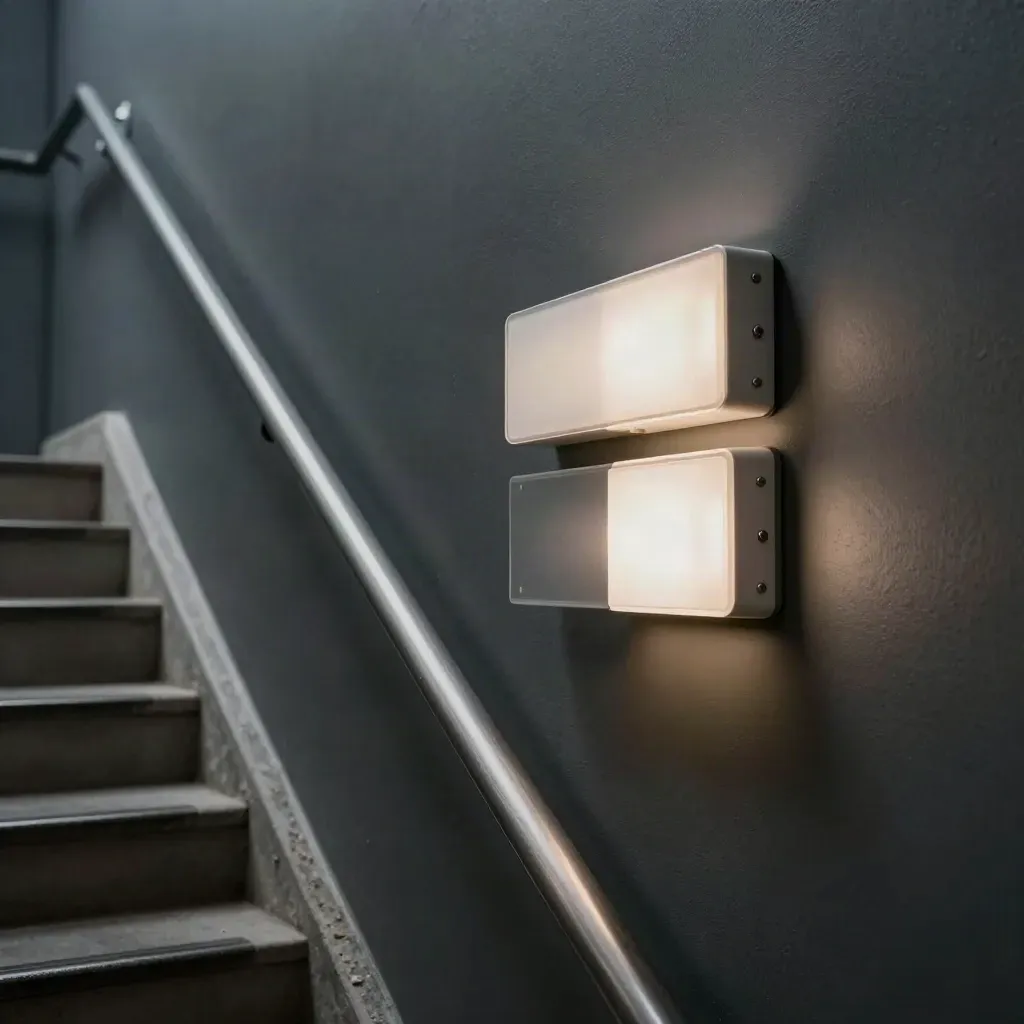 Two unbranded exit signs glowing in a dim stair corridor with haze and brushed steel