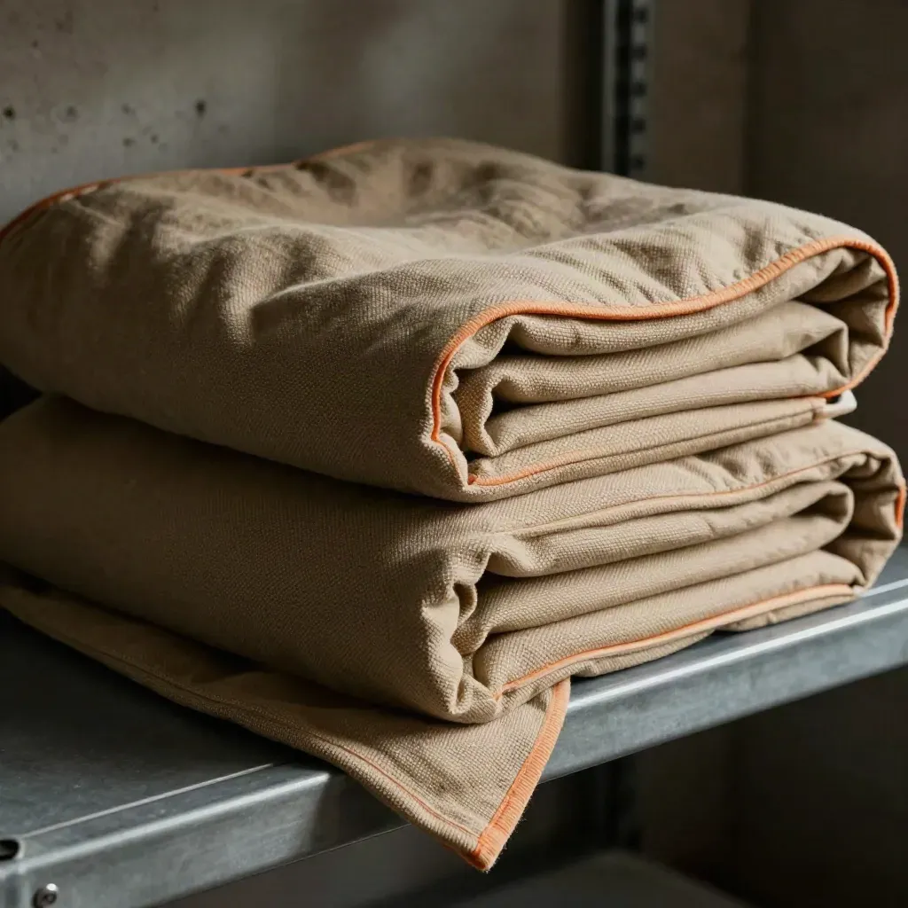 Two folded fire blankets in unmarked pouches stacked on a shelf, close-up.