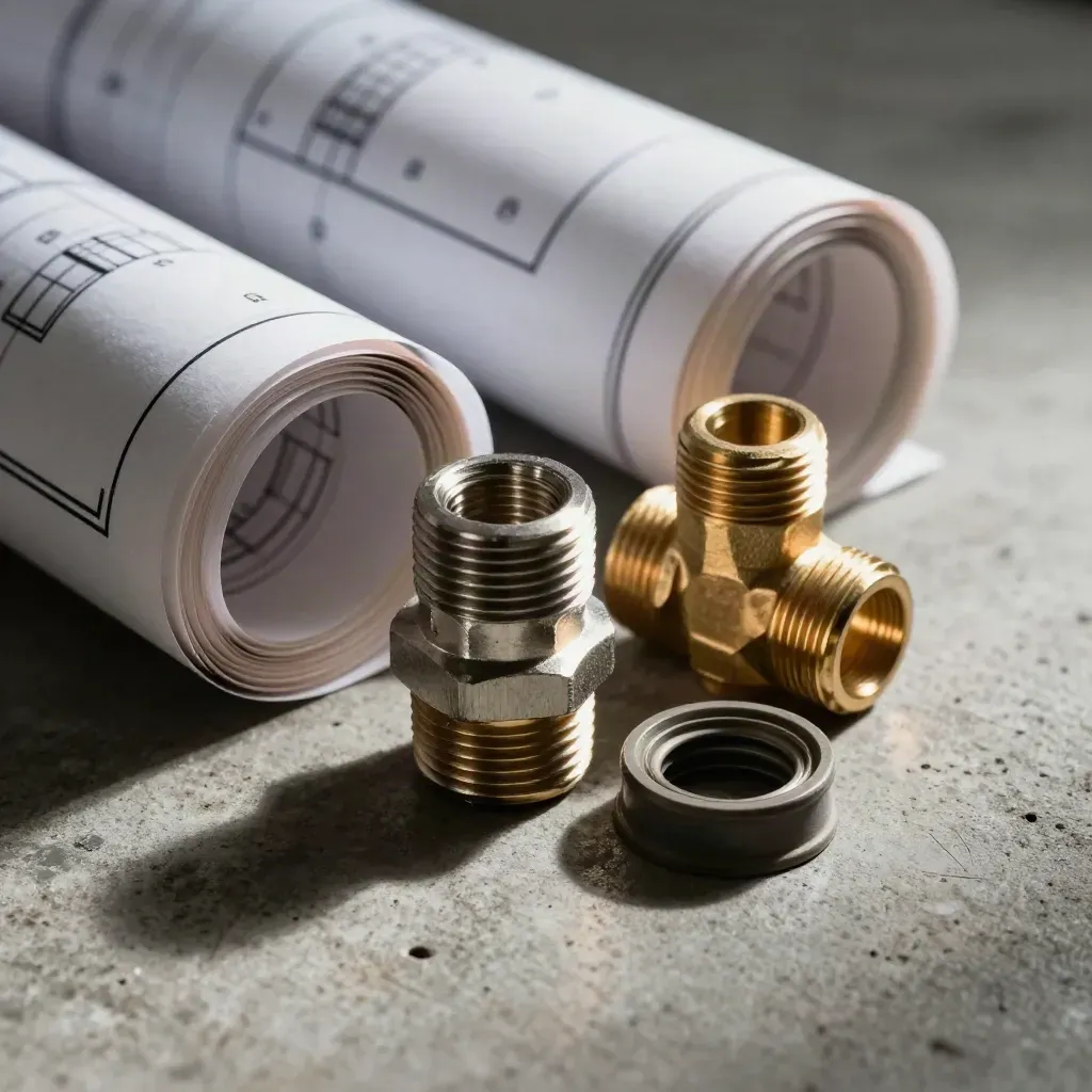Rolled floor plans, brass fittings and a steel coupling on a workshop bench, lit in moody haze.