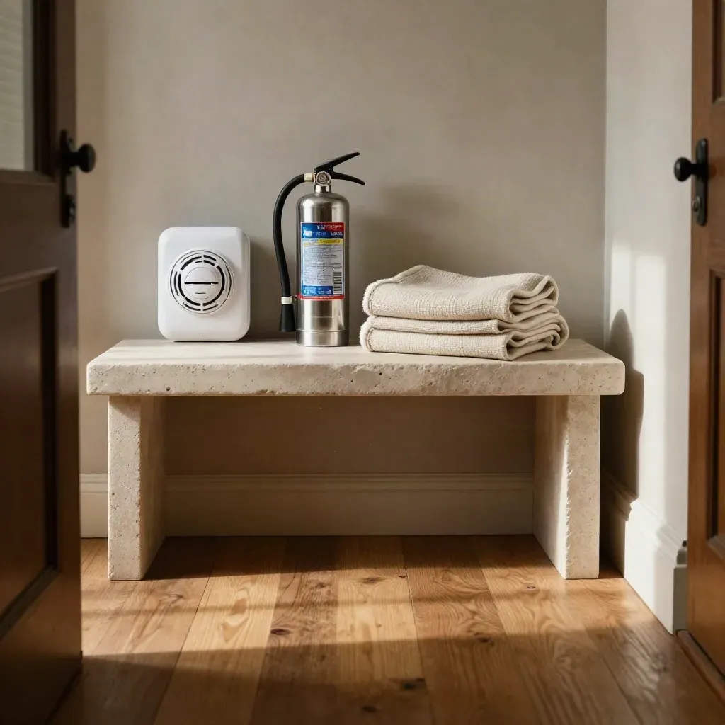 Hallway home fire safety kit on a stone bench in warm morning light