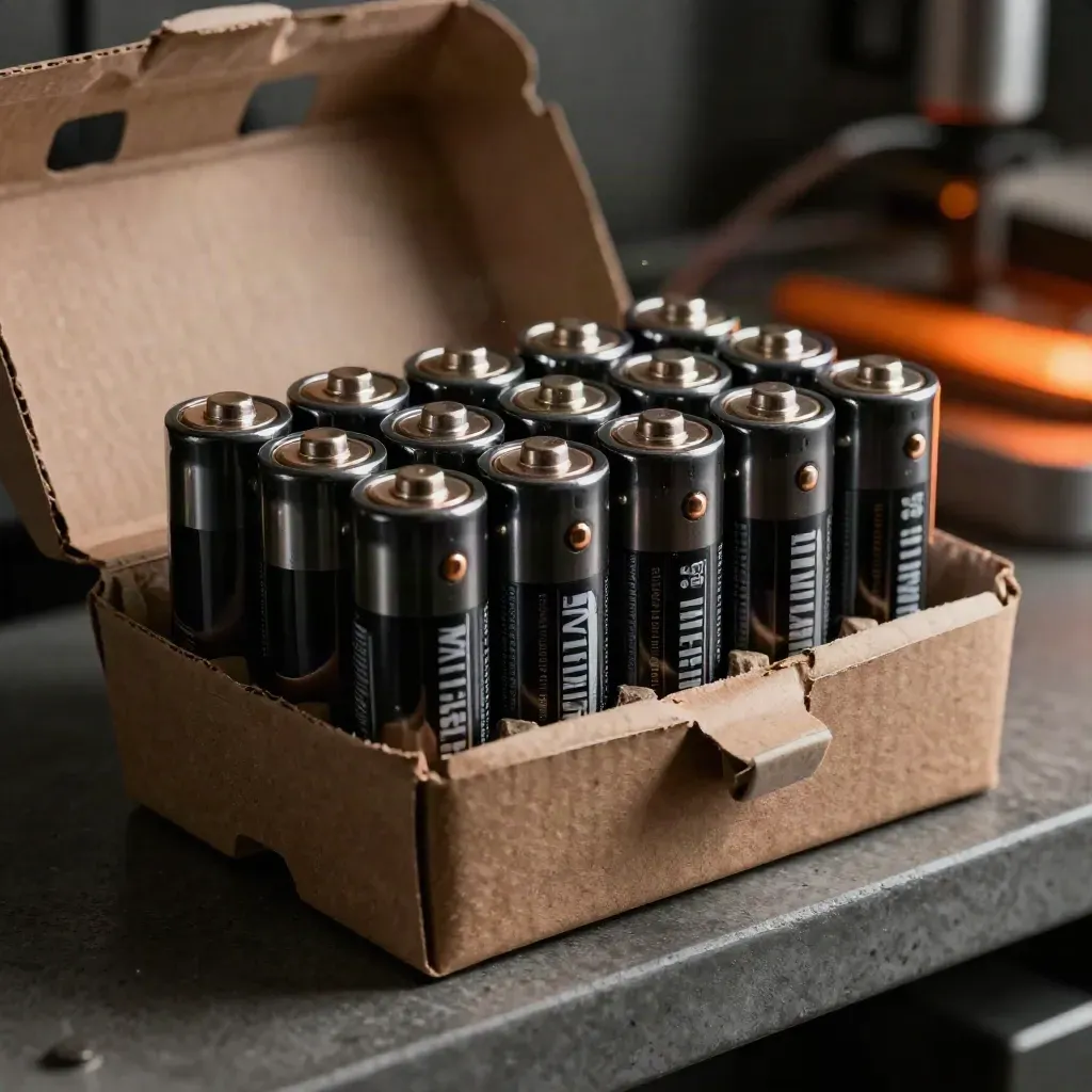 Open kraft carton of twelve sealed batteries with a spare test cap on dark concrete.