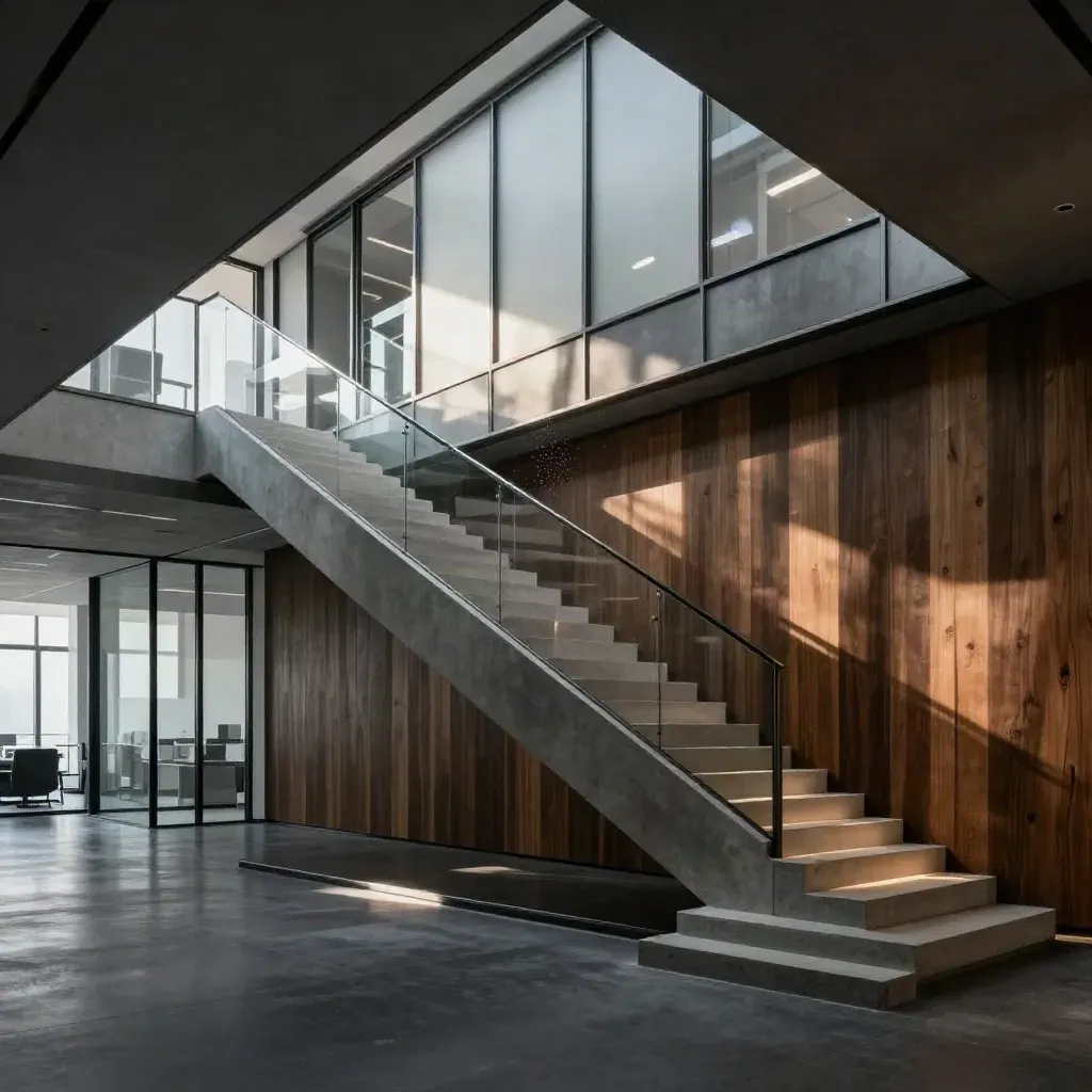 Sunlit office atrium with glass partitions, concrete stairs, and a dark timber wall.