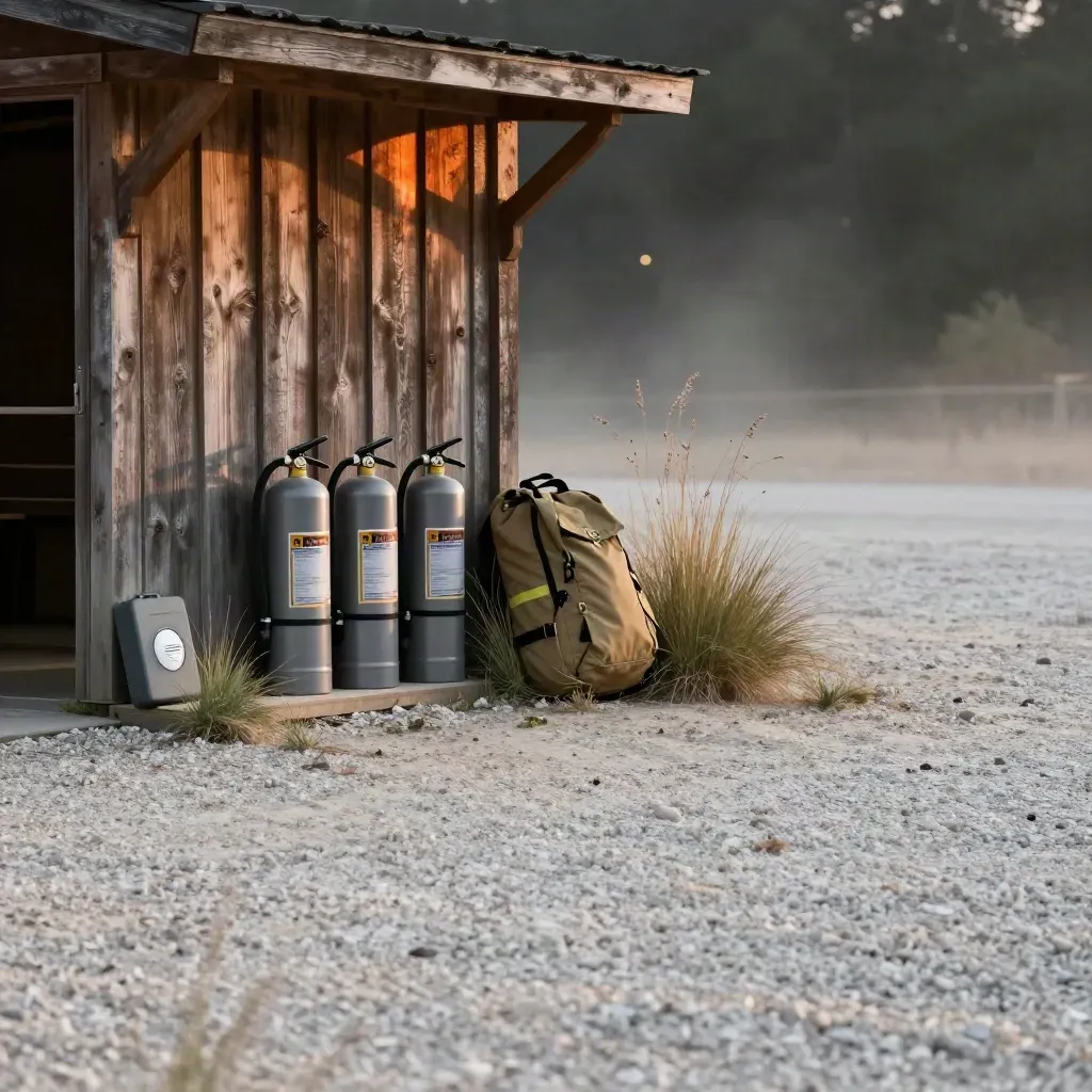 Outdoor fire-training space with timber shelter, extinguishers and misty grasses