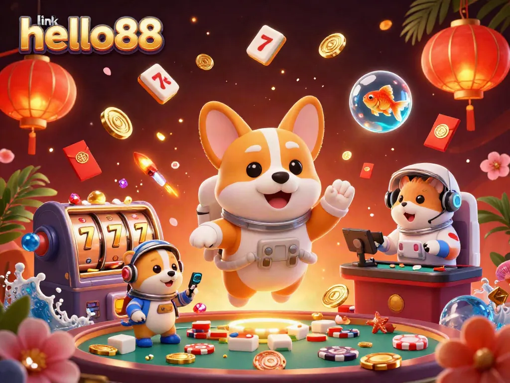 Catch thrilling moments at link hello88 with a 3D cartoon astronaut corgi in a casino space setting.