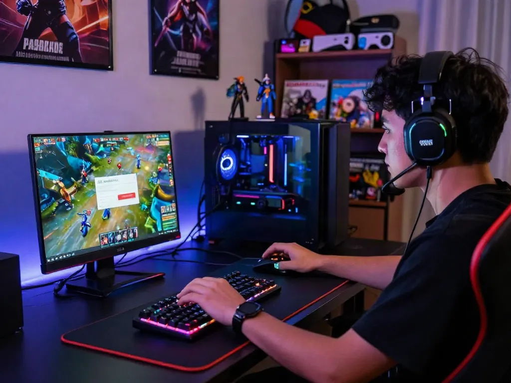 Gamer engaged in rokok88 login while using a modern gaming setup featuring vibrant lighting and immersive game displays.