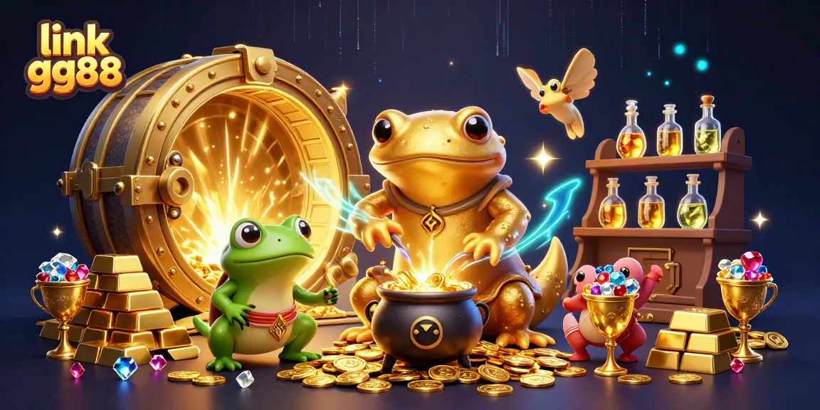 Join the thrill with link gg88 in a vibrant scene of gold coins and gems.