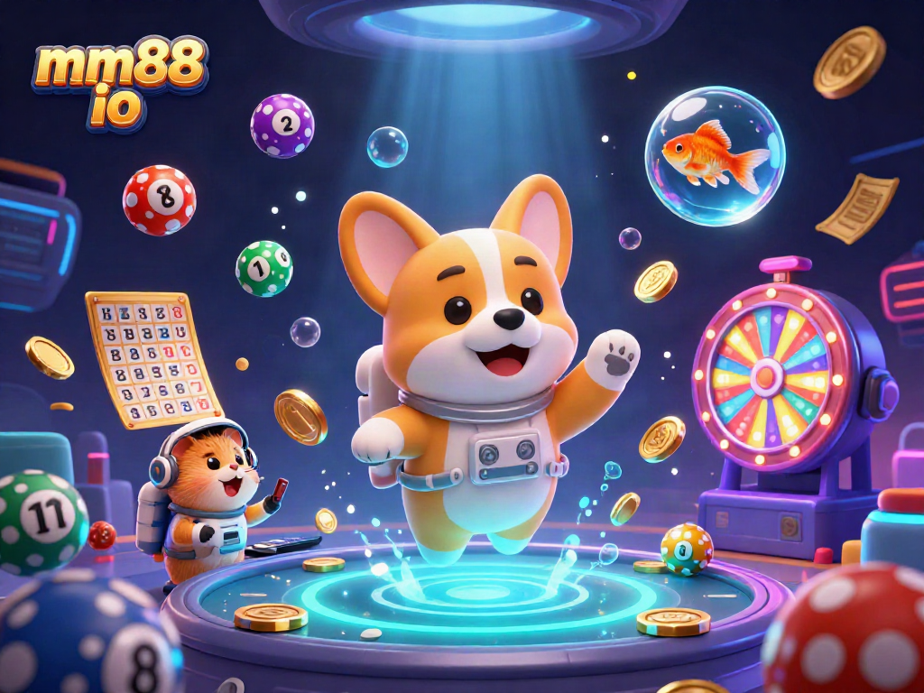 Experience excitement with mm88 io as a cartoon astronaut corgi floats in a vibrant space casino adventure.