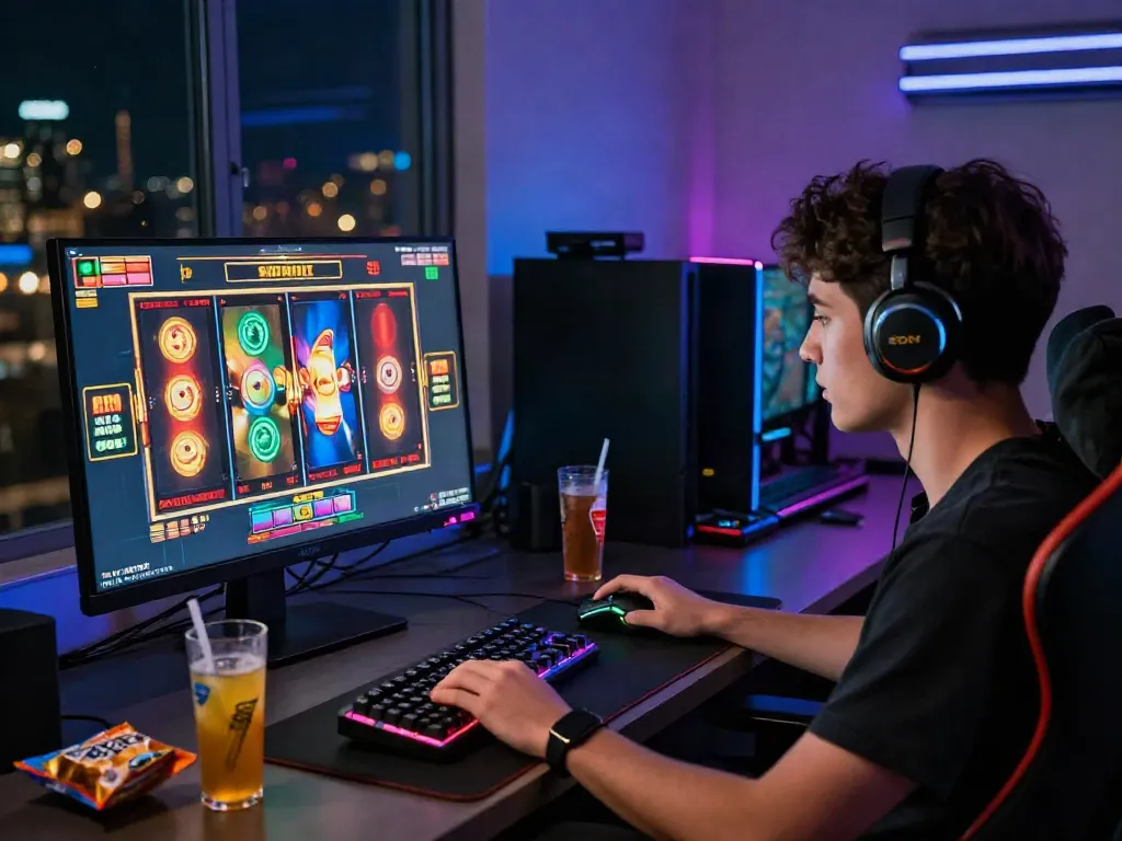 Player immersed in rokok88 slot login gaming experience at a modern desktop setup