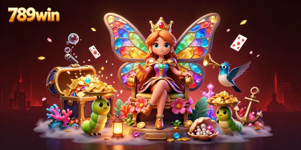 Engage in gaming thrills with 789win, featuring a whimsical butterfly queen and vibrant casino elements.
