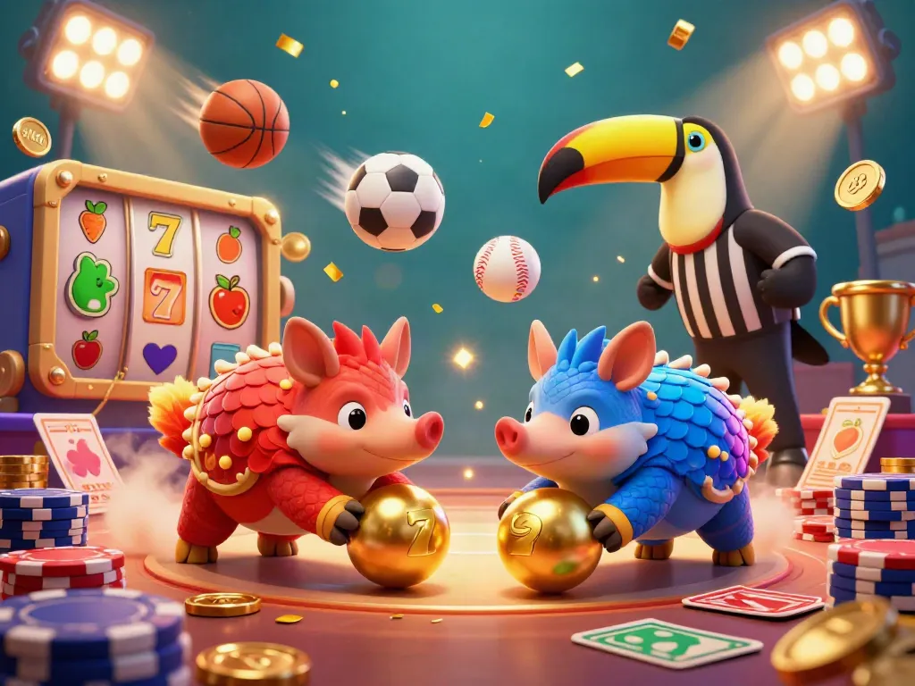 Rival pangolins roll golden balls and poker chips in a vibrant slot-themed casino illustration.