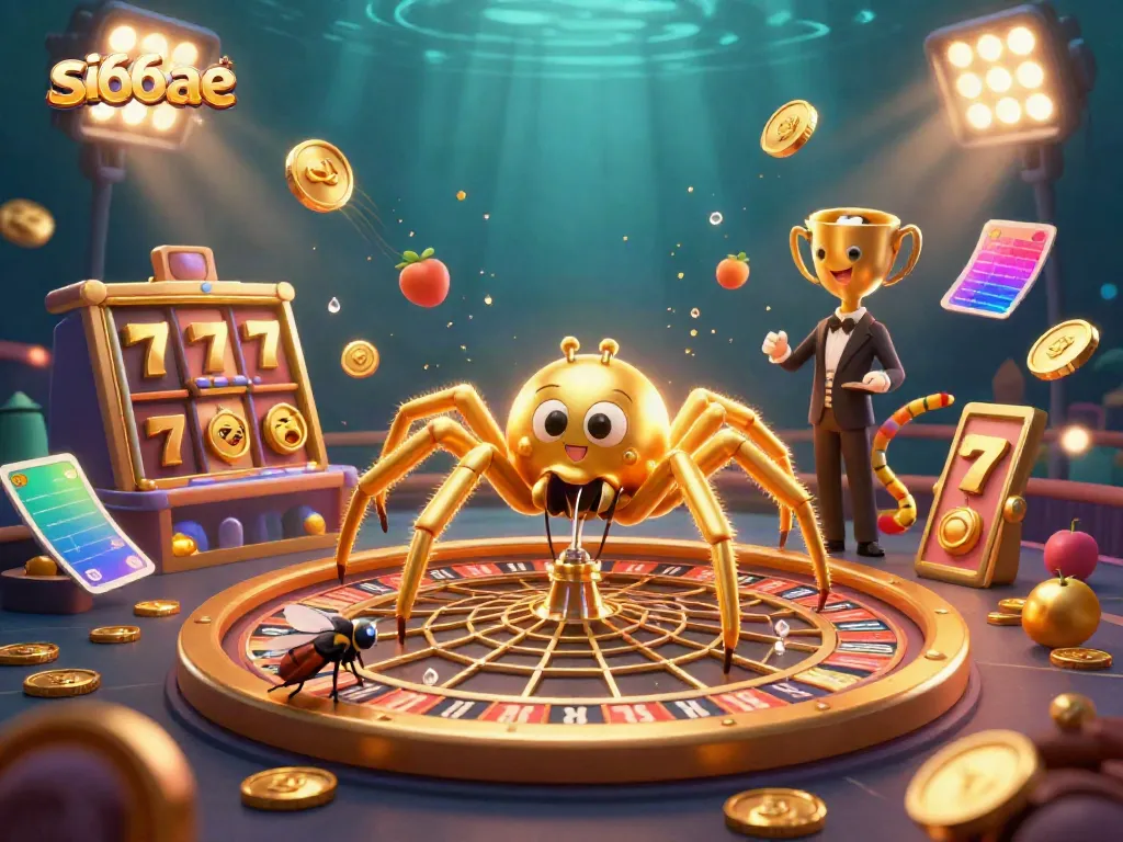 Engage in thrilling action at s666ae with a 3D scene of a golden spider creating a roulette wheel