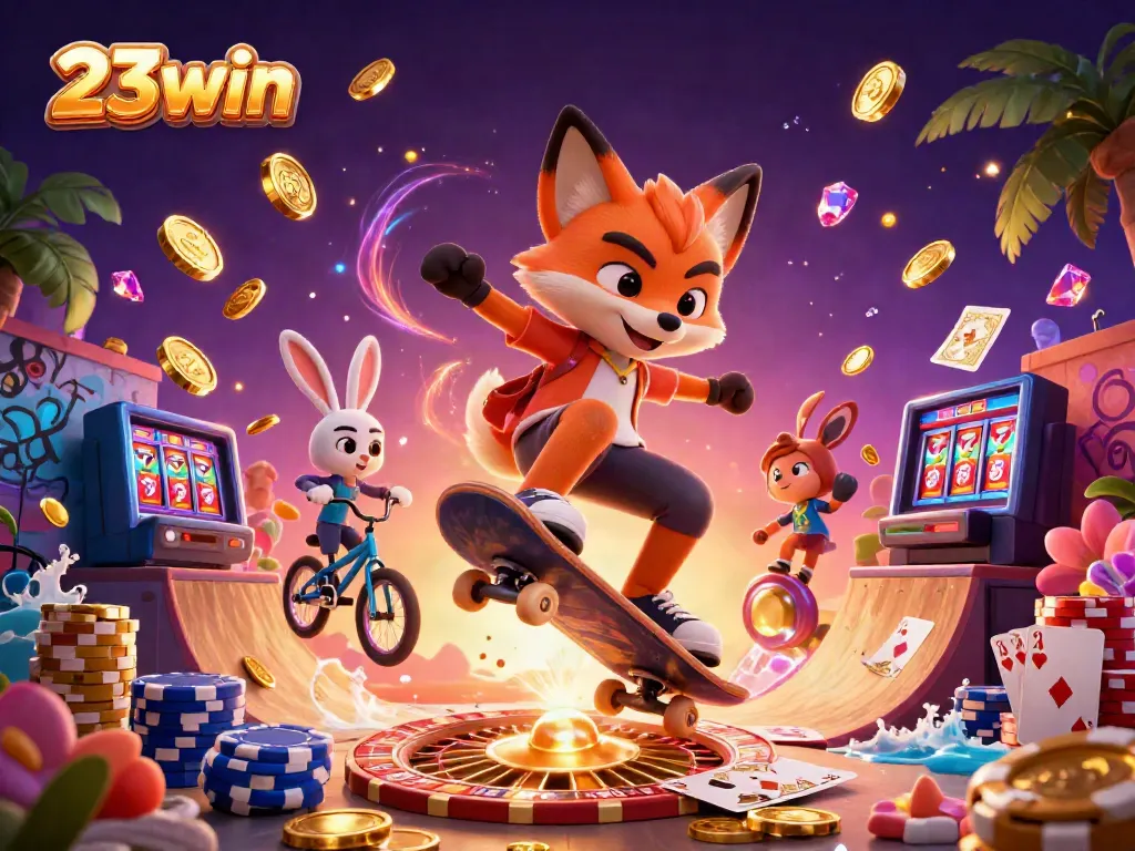 Join the action with 23win as you watch a skateboarder fox kickflip over golden poker chips in a vibrant casino setting.
