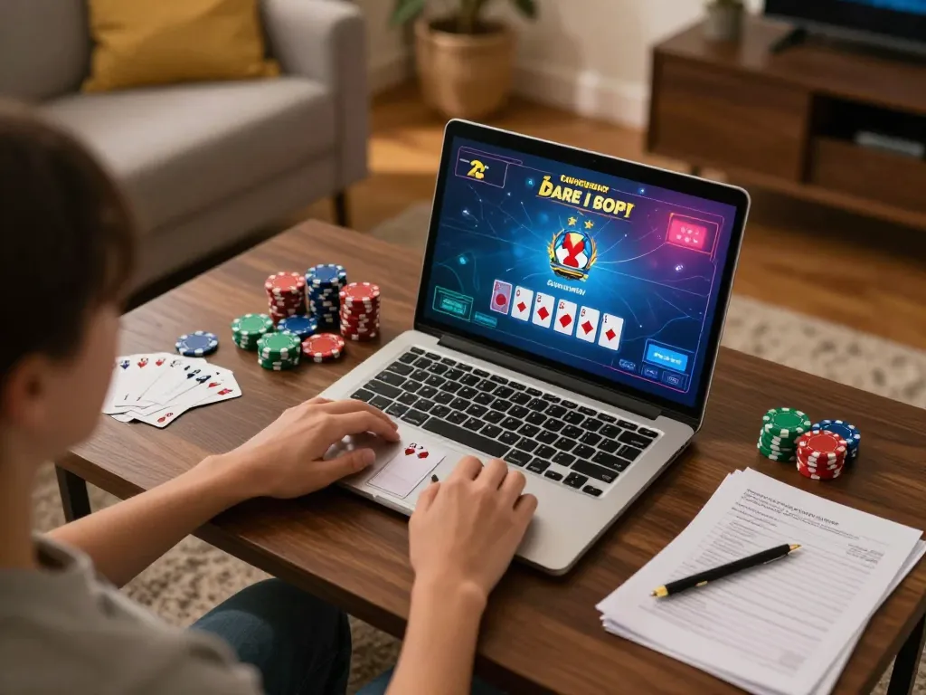 Engaging poker game interface on the laptop in a cozy home, showcasing 68gamebaivn's exciting online experience.