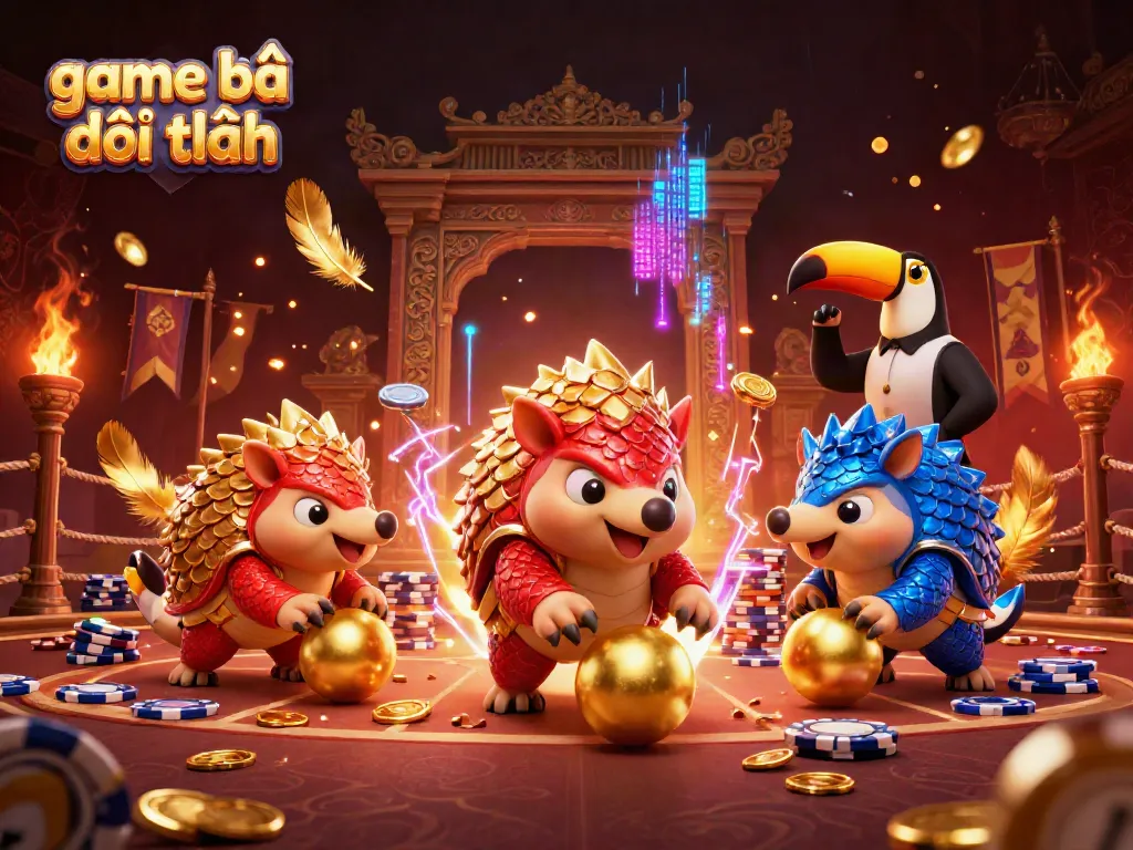 Experience the excitement of game bài đổi thưởng with rival pangolins competing in a vibrant casino setting.