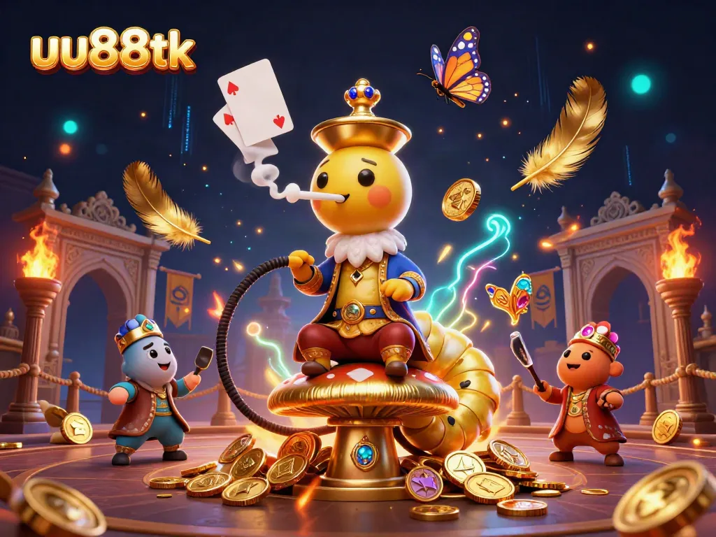 Bet and win at uu88tk with a vibrant 3D illustration of a whimsical hookah-master surrounded by gaming symbols.