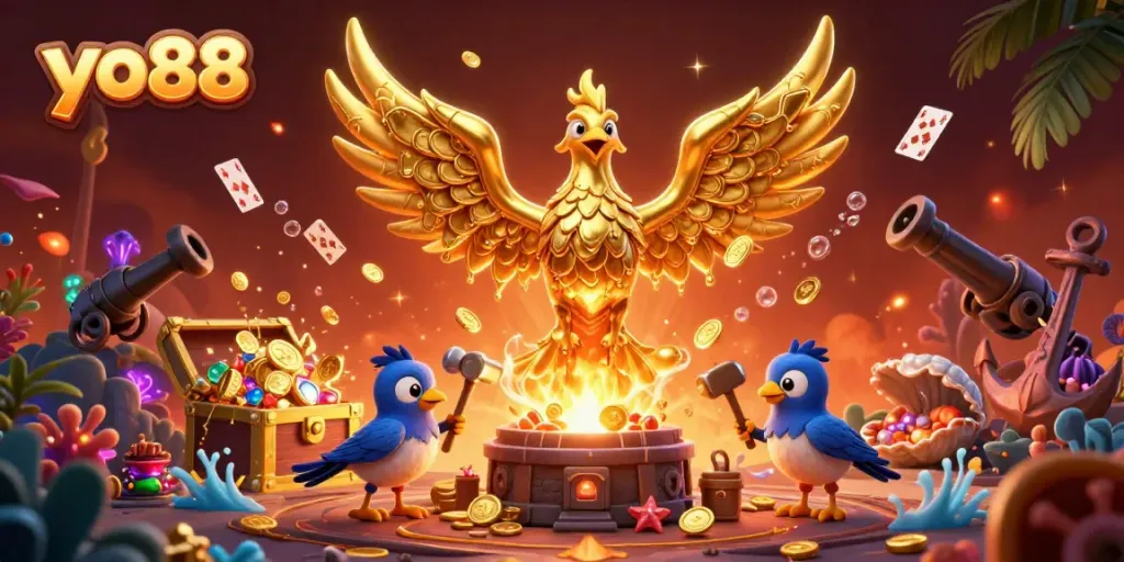 Experience the thrilling world of yo88 with captivating games and a golden phoenix heralding fortune.