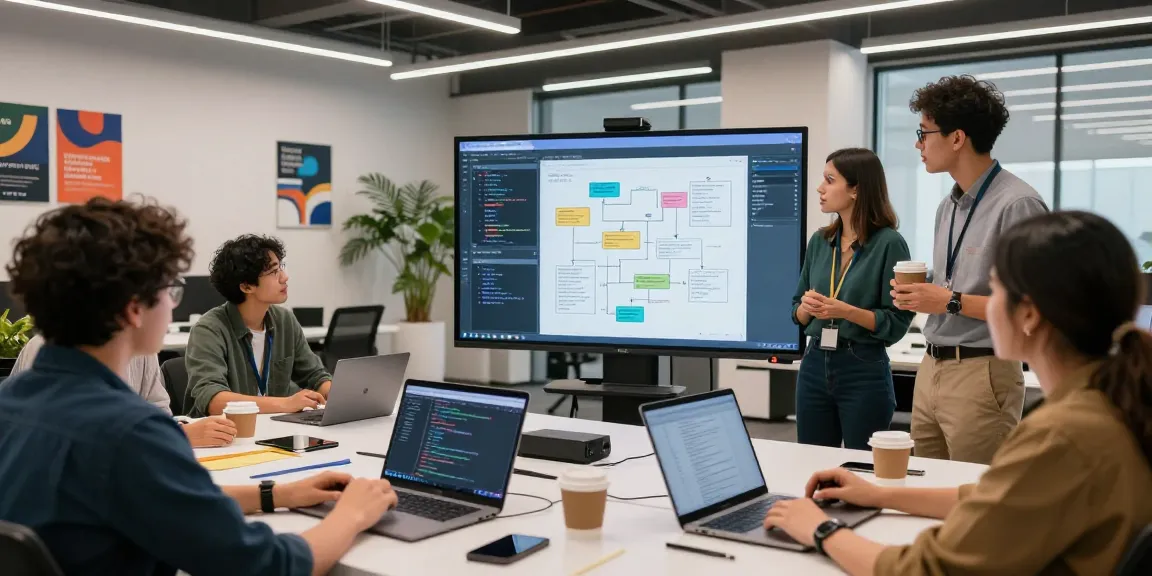 Team collaborating to build internal tools with AI using digital interfaces and brainstorming techniques.