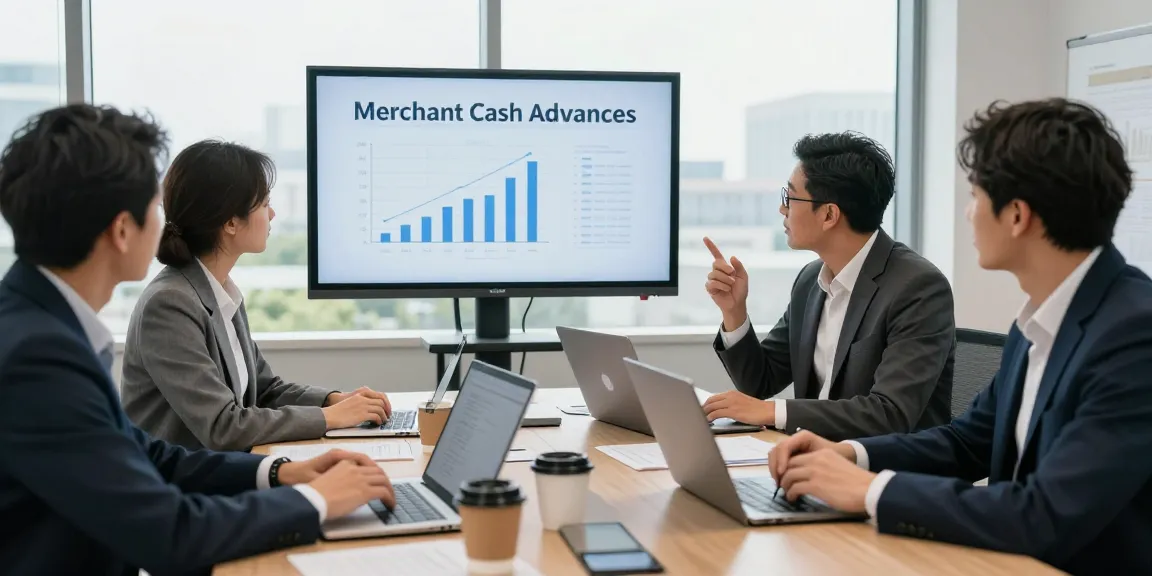 Business meeting focused on analyzing if merchant cash advances are expensive, professionals discussing financing strategies.