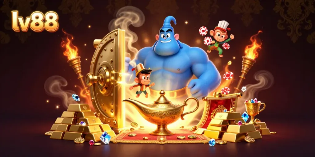Engage in thrilling gambling experiences at lv88, featuring an exciting scene with a blue genie and treasure.