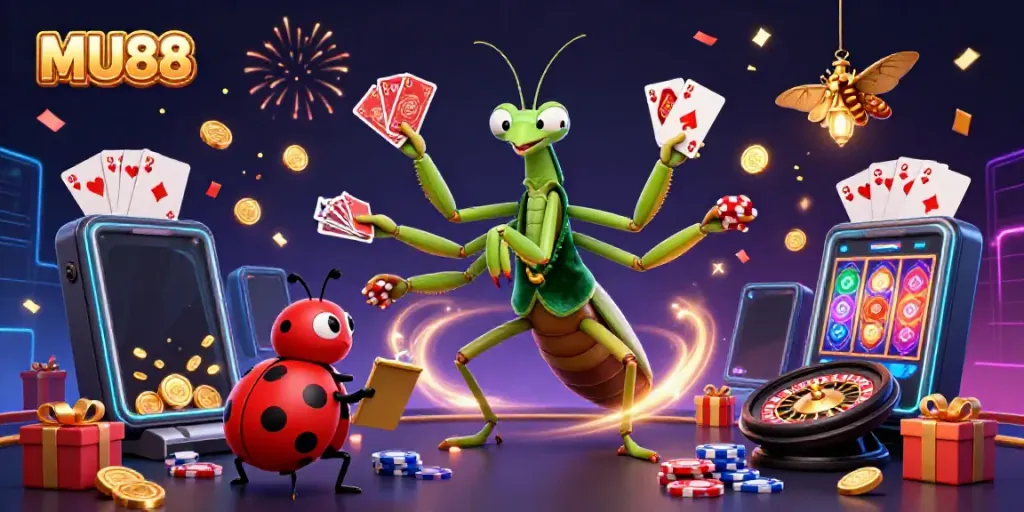 Experience the excitement of MU88 with vibrant characters and game elements in a casino-inspired scene.