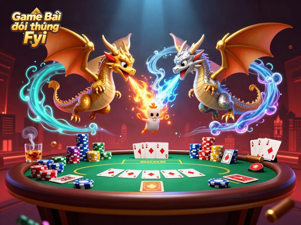 Dynamic 3D artwork showcasing Game Bài Đổi Thưởng Fyi with cartoon dragons and poker elements