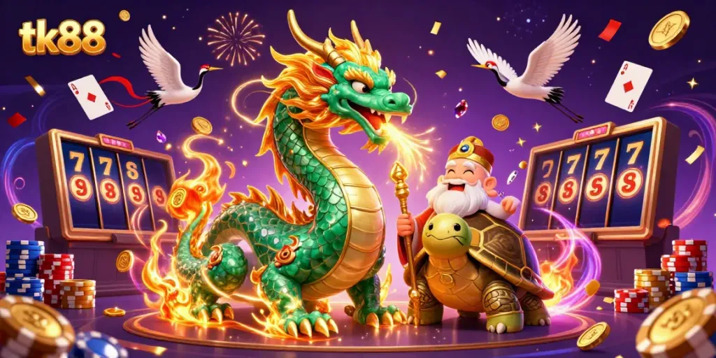 Experience the excitement of tk88 with a vibrant casino scene featuring lucky symbols and characters.