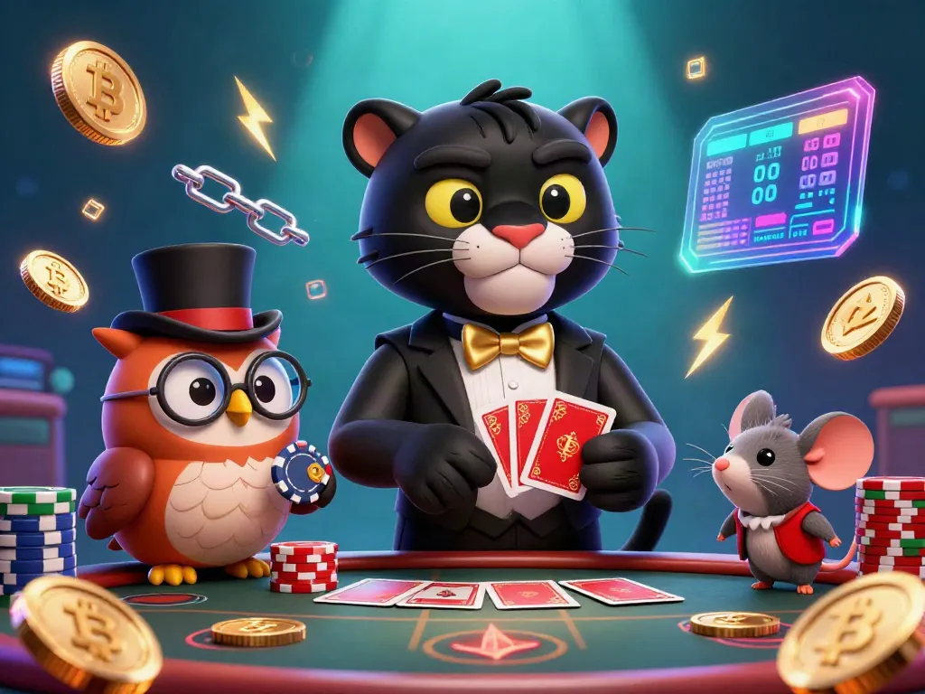 Experience thrilling gameplay at manclub with a dynamic illustration of a tuxedoed panther dealing cards, surrounded by Bitcoin coins.