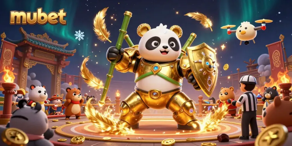 Bet on exciting wins with mubet, featuring a mech-suit panda in a rich casino arena.