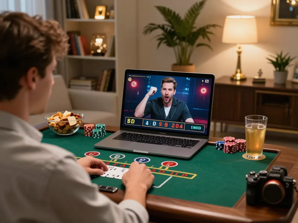 Player engaging in online blackjack gameplay on 58wiin in a cozy home setting.