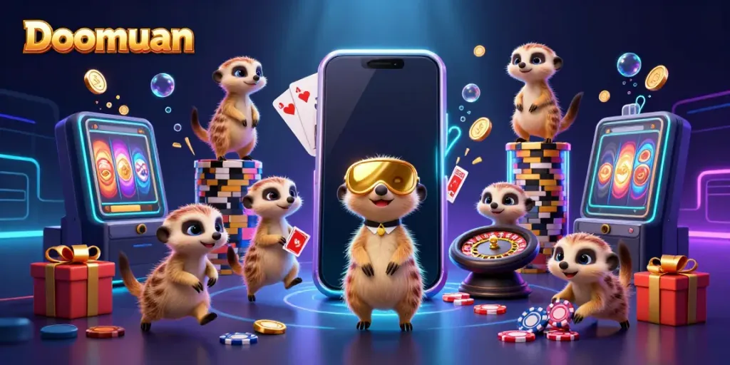 Doomuan meerkats run a lively casino with 3D cartoon characters, vibrant colors, animated action, and sparkles.